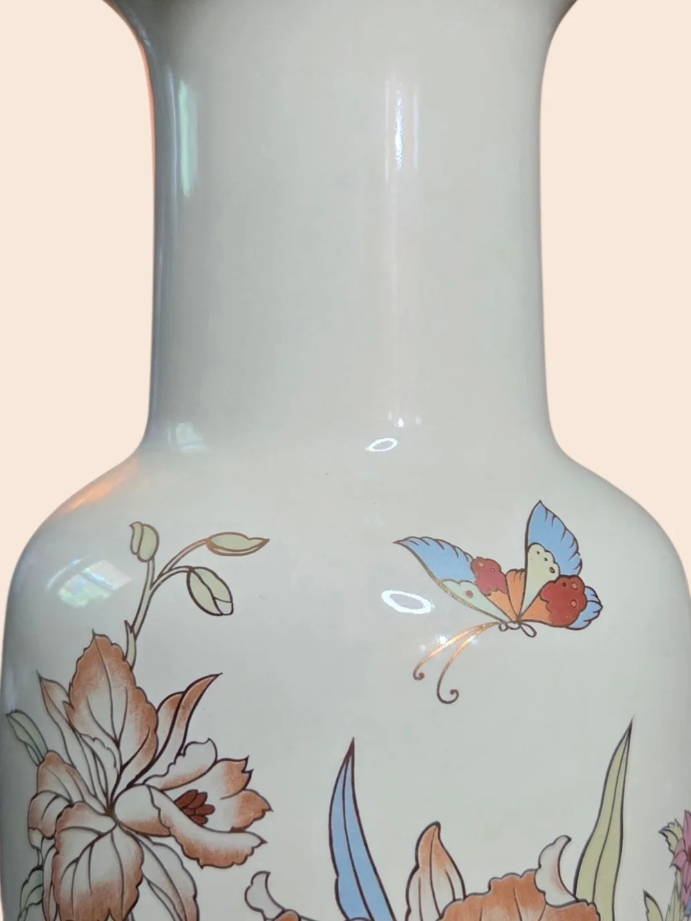 ​Vintage White Ceramic Floral Vase Gold Trim Butterfly Decor 12
